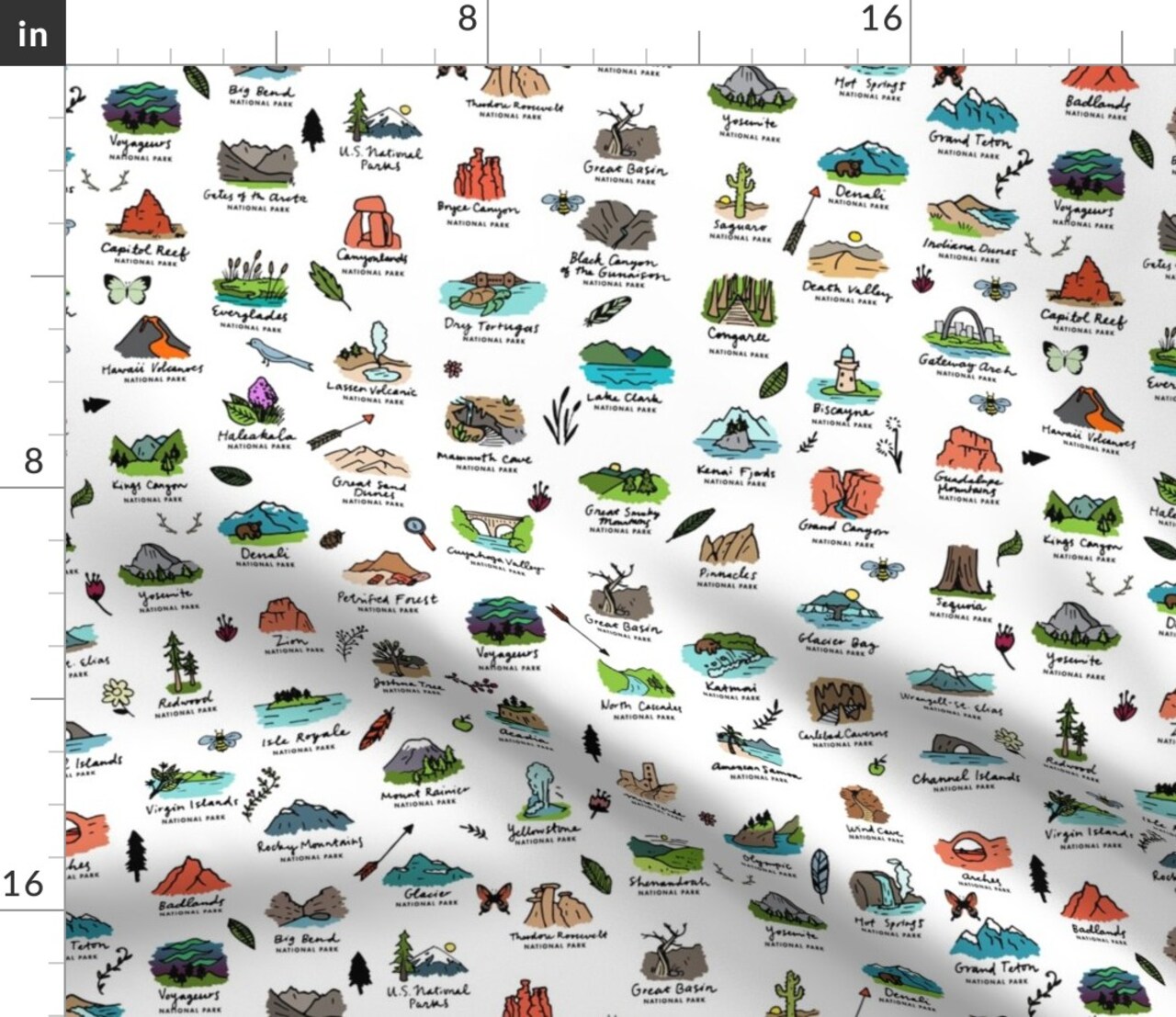White Trip Travel Mountains Adventure Vacation Green Blue Orange Animals Park Custom Printed Fabric by Spoonflower Various Fabrics by the Yard or Fat Quarter